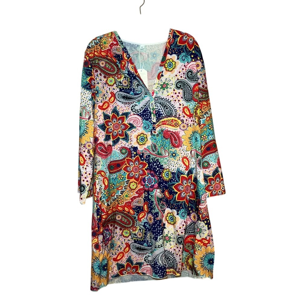 Paisley Floral Mini Dress Womens XL Multicolor New Boho Festival Bell Sleeve - Picture 8 of 10